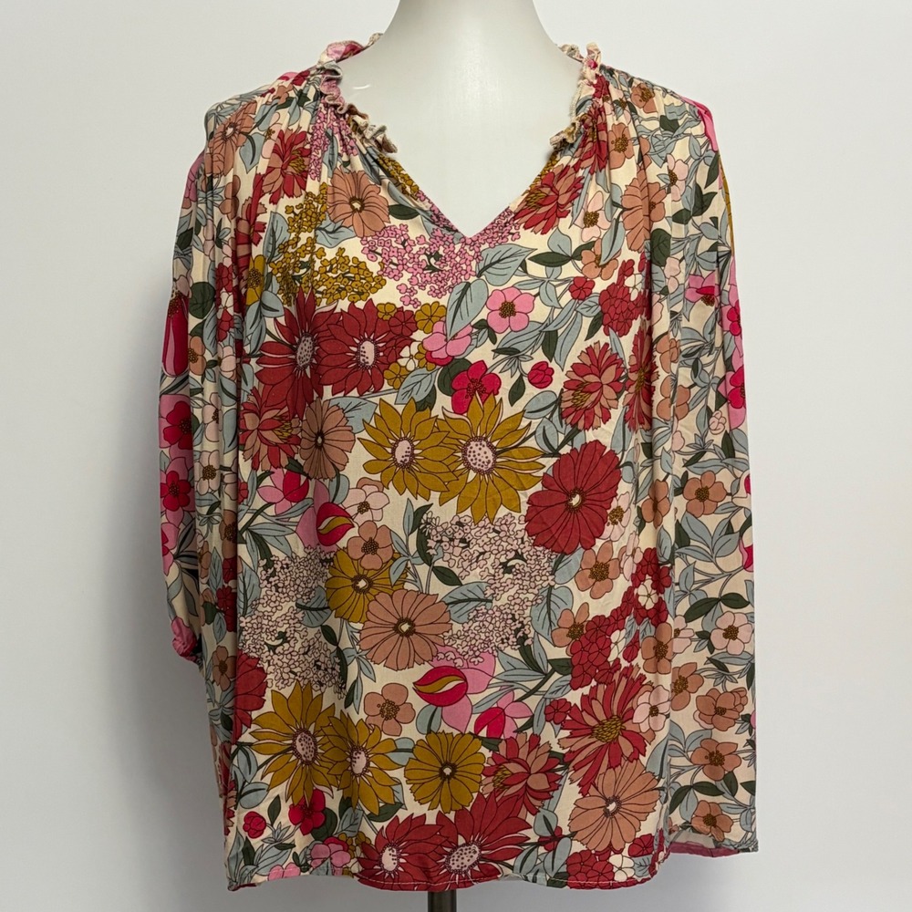 Entro Floral Blouse Small Pink Mustard Retro Boho Ruffle V-Neck Cottagecore - Picture 2 of 8